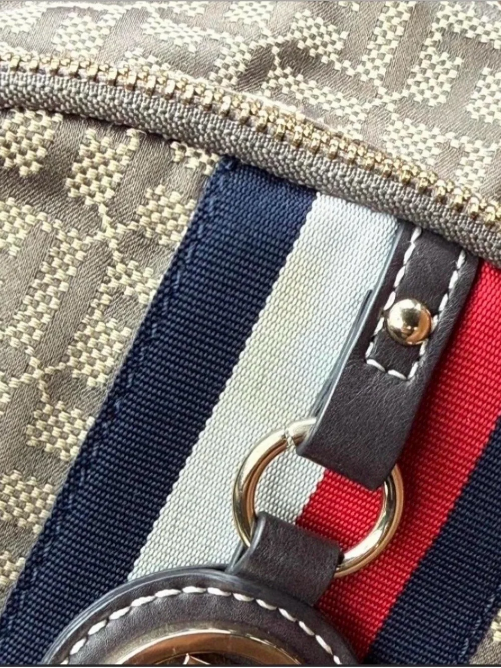 Tommy Hilfiger Beige Monogram Mini Backpack with Navy & Red Stripe